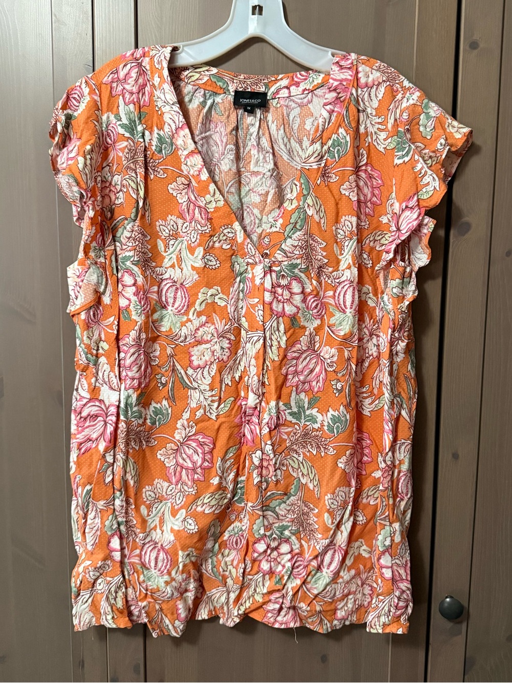 Jones New York Orange Floral V-Neck Flutter Sleeve Blouse